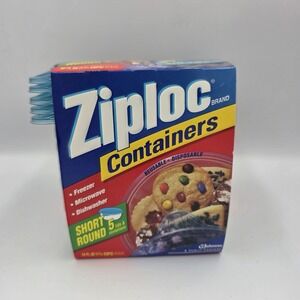 New VTG  Ziploc Short Round Containers Blue  5 CT. 1 3/4 Cups OR 14 fl. oz each